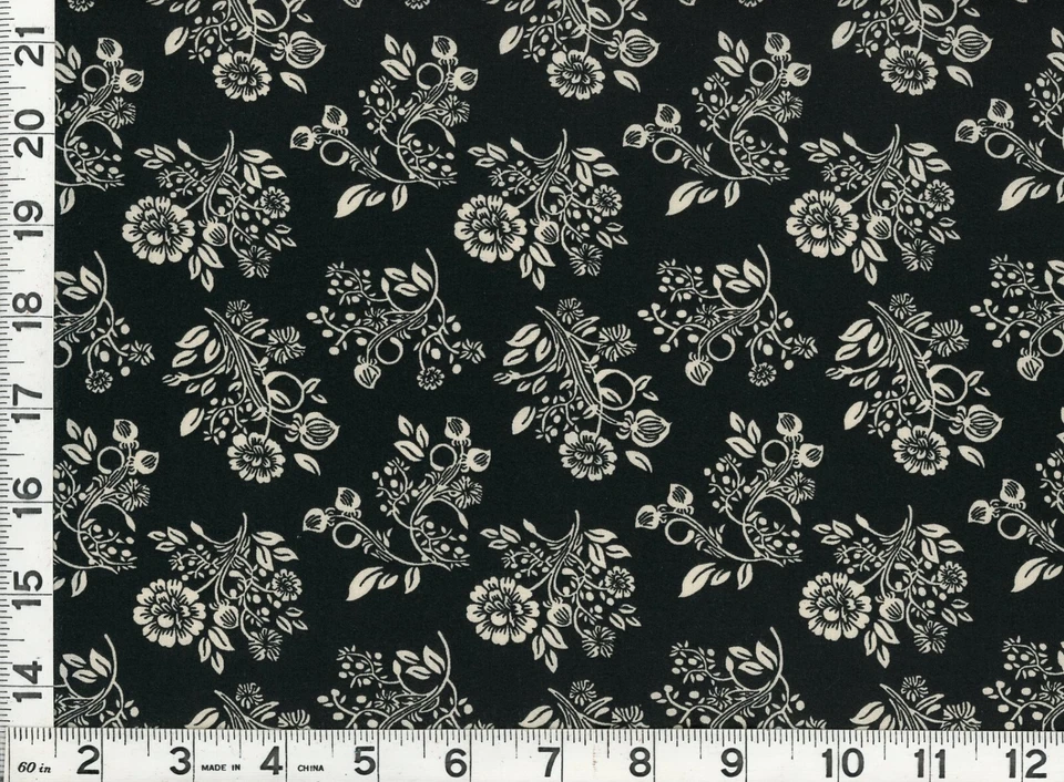 Country White Flowers on Black Quilting Sewing Fabric by Yard  #473-2 - Image 1 of 1