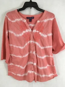 GLORIA VANDERBILT 3/4Sleeve VNeck Button Up Tye Dye Tunic Size Petite Medium - Picture 1 of 8