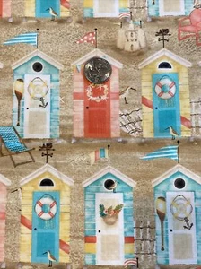 Beach Travel Cotton Fabric 34” Retro Surf Beach Huts - Picture 1 of 3