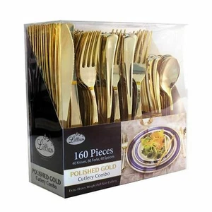 160 Pack Gold Plastic Cutlery Disposable Silverware 80 Forks 40 Knives 40 Spoons - Picture 1 of 5