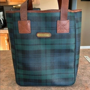 Vintage Polo Ralph Lauren Large Leather Straps Black-watch Tartan Plaid Tote - Bild 1 von 4