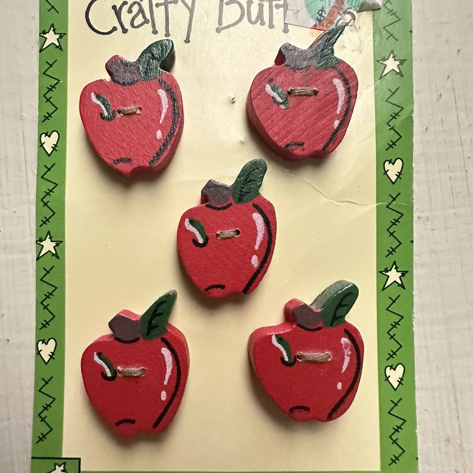Vtg Crafty Buttons Set of 5 Wood Red Apples School Fall Original Card - Image 1 of 3