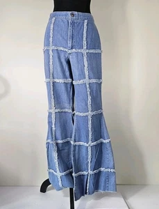 70s SZ 13 WINDOWPANE Patchwork Jeans Frayed Seams TALON Zipper 26" BELLBOTTOMS - Picture 1 of 16
