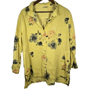 John Mark Yellow Floral Linen 3/4 Sleeve Tunic Boho Artsy Pockets Womens XL - Picture 1 of 7