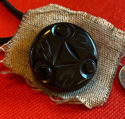 Single 1 Black  1 1/2 Inch Vintage Bakelite Round Button Circa 1940s  - Image 1 of 4