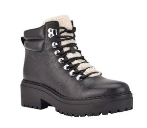 Marc Fisher Nairy Leather Sherpa Chunky Lace Up Combat Hiker Boots Shoes 9 Black - Picture 1 of 6