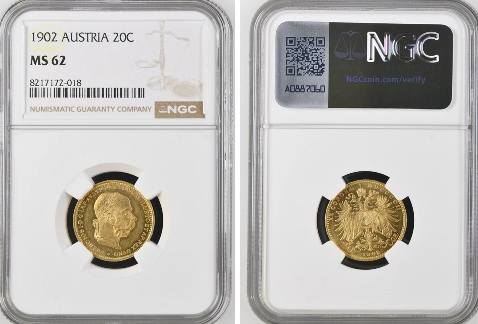 AUSTRIA  , FRANZ JOSEPH GOLD 20 CORONA 1902 NGC MS 62 , RARE8 - Image 1 of 1