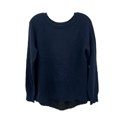 360针织衫女式M海军蓝带灰色打褶后面板羊绒圆领套衫 — 第 1/4 张图片