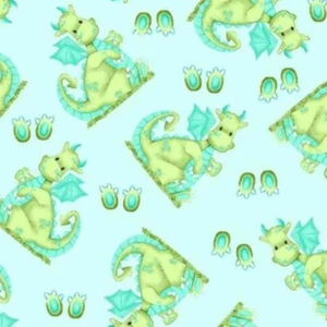 BOLT END 35 INCHES Green and Blue Baby Dragons on Green Cotton FLANNEL Fabric - Picture 1 of 2