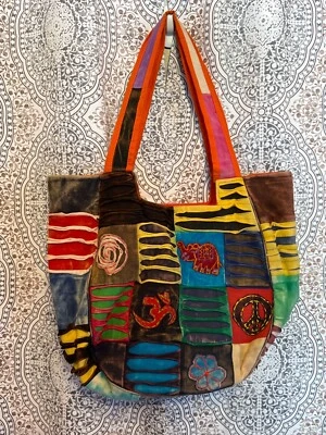 Handmade Patchwork Peace Sign Elephant Hippie Tote Bag With Orange Straps And Zi - Image 1 of 4