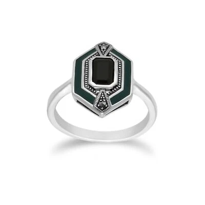 Arte Stile Déco Onice Nera ,Marcasite & Smalto Hexagon Anello IN Argento - Immagine 1 di 4