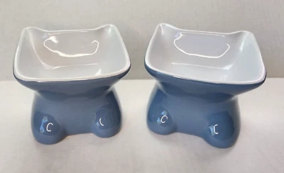 Whisker City blue & white kitty dishes elevated ceramic set of two 4.5 fluid oz - Image 1 of 4