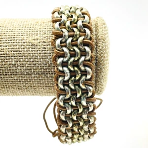 Metal Mesh Bracelet Gold Tone Woven Brown Faux Leather Boho Biker Babe Classic - Picture 1 of 6