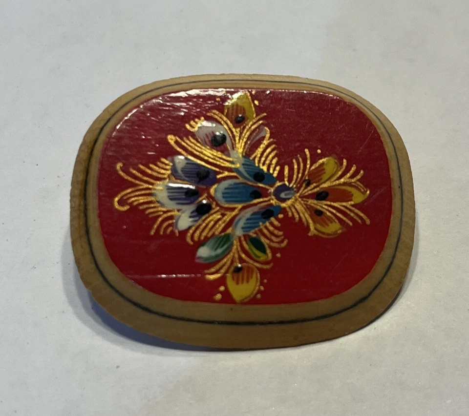 Vintage painted wood flower brooch pin Boho Folk Art - Image 1 of 3