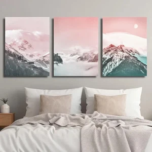 3pcs Pink & Teal Mountain Range Landscape Metal Print Ready to Hang Art - Picture 1 of 6