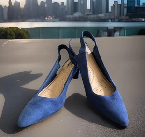 New Navy Blue Sueded Womens Dex Flex Comfort Sling Back Shoe Block Heel Size 11 - Picture 1 of 12