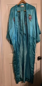 Bata kimono de seda dragón dorado escena floral asiática para mujer XL verde azulado/azul brillante - Imagen 1 de 6