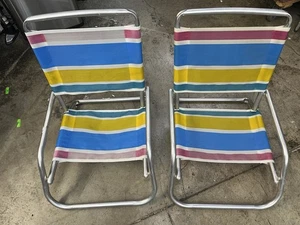 Pair Of Vintage Rio Beach Collection Fold Out Aluminum Low Sit Beach Sand Chair - Picture 1 of 21