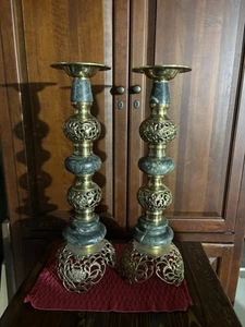 Vintage 2 persische japanische grüne Marmor Messing 24" Kerzenhalter verziert schön - Bild 1 von 1