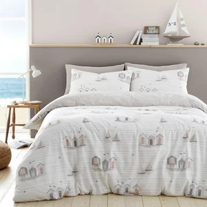 Beach Huts Duvet Cover Nautical Boats Reversible King Quilt Bedding Set Natural - Picture 1 of 3