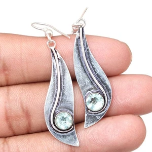 Swiss Blue Quartz Gemstone Handmade Silver Jewelry Earrings 1.5'' - Picture 1 of 7