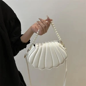 French Pearl Chain Handbag Women Seashell Fashion Shoulder Bag PU Leather Clutch - Picture 1 of 17