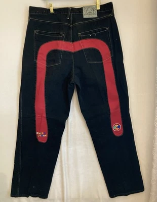 Evisu Genes джинсы 38 черный джинсовой ткани красная полоса вышитый лот 0454 манжеты салфетки - Изображение 1 из 4