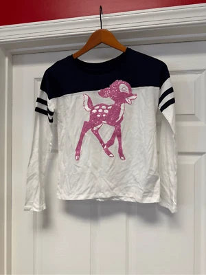 Gap X Disney Pink Sequin Bambi Cream & Black Long Sleeve Baseball T-Shirt sz (XL - Image 1 of 4