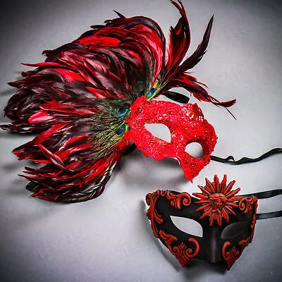 Venetian Sun God w/ Luxury LARGE Side Feather Masquerade Couple Party Mask RED - Image 1 of 3