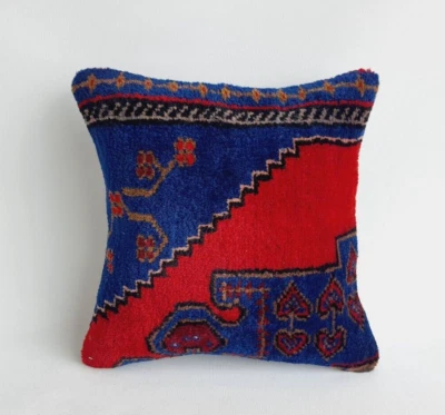 decorative turkish rug pillow cover , 16x16 inc , blue and red color - Image 1 of 4