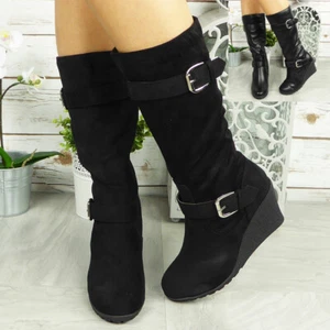 Womens Mid Calf Wedge Boots Shoes Platform High Heel Buckle Zip Ladies Boot Size - Picture 1 of 14