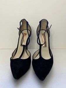 Rupert Sanderson Sz 37 Heels Shoes Tbar Platform Pumps Suede Black Navy Strappy - Picture 1 of 10