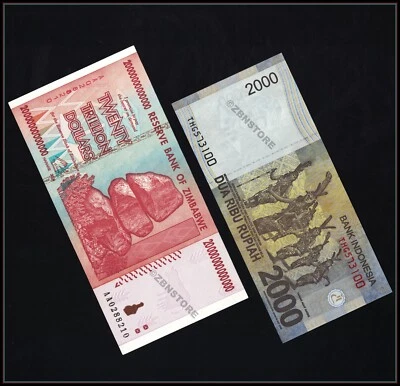 20 Trillion Zimbabwe Dollars AA 2008 + 2000 Rupiah Indonesia 100 % Authentic COA - Image 1 of 3