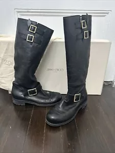 Jimmy Choo Moto Biker Riding Boots Knee High Tall Flat Leather Black 38.5 / 8.5 - Picture 1 of 11