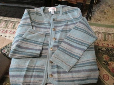 VTG Tally Ho Creation Sweater Womens Large Blue Gray Striped 100% Wool Cardigan - Image 1 of 4
