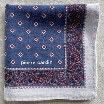 Vintage Handkerchief Blue Cotton Red Geometric Border Damask Pocket Square 18" - Image 1 of 4