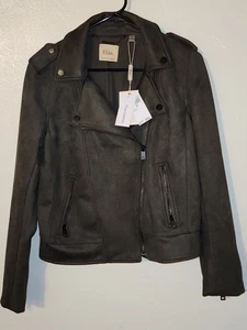 Elie Tahari Green Faux Suede Moto Jacket Zip Closure Pockets Small Peat Moss - Picture 1 of 4