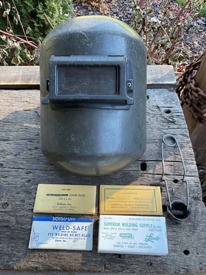 VINTAGE “FIBRE-METAL” FLIP UP WELDING HELMET + NOS Shaded Glass & Plastic Lens - Image 1 of 4