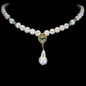 925 Sterling Silver Necklace Heart Sky Blue Topaz 7mm Pearl Gemstone Jewelry 18 - Picture 1 of 14