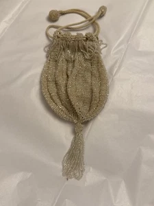 Antique Vintage Luminous Beaded Beige Drawstring Purse, Bag - great condition - Picture 1 of 4