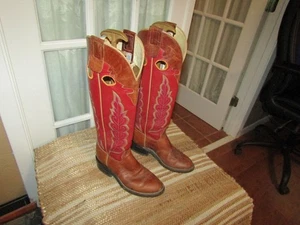 Stivali cowgirl vintage Olathe USA rosso marrone pelle 18" alti Buckaroo donna 8 B - Foto 1 di 14