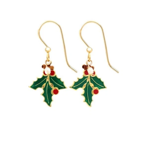 Silver Forest Christmas Holly Leaves with Berries Dangle Earrings - Image 1 of 1