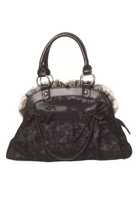 BANNED Apparel Black Gothic Punk Flocked Skull Rose Lace Bow Reinvention Handbag - Image 1 of 2