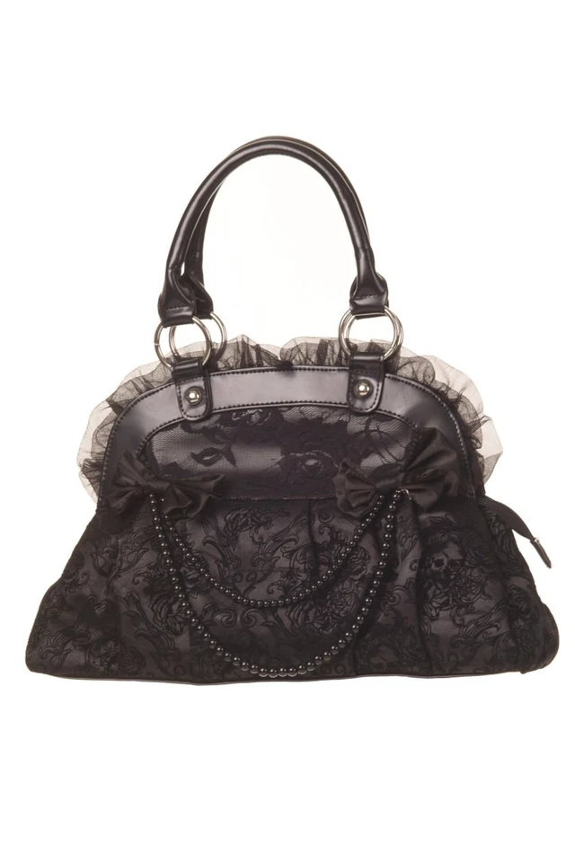 BANNED Apparel Black Gothic Punk Flocked Skull Rose Lace Bow Reinvention Handbag - Image 1 of 2