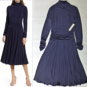 ELIZA J Size 6 Pleated Skirt Mock Neck Long Sleeve Midi Dress Navy  - Picture 1 of 10