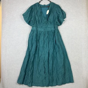 You + All Dress Womens 16 Green Crinkle Pleat Midi Button Up Puff Sleeve NEW - Picture 1 of 8