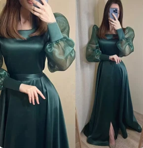 Modestos Vestidos de Noche Verde Oscuro Satinado Organza Abullonada Mangas Largas Cuello Cuadrado - Imagen 1 de 9