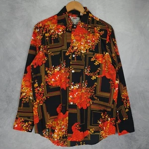Vintage Fruit of the Loom 70s Shirt Mens Medium Black Floral Point Collar Disco - Picture 1 of 16