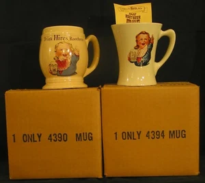 Hires Root Beer Earthenware Mugs (2) #4394 & #4390 1970's REPRODUCTION 1905 Mugs - Picture 1 of 11
