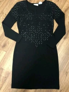 VINTAGE LIZ CLAIBORNE BLACK KNIT SWEATER DRESS BEADED DETAILING SIZE M - Picture 1 of 4